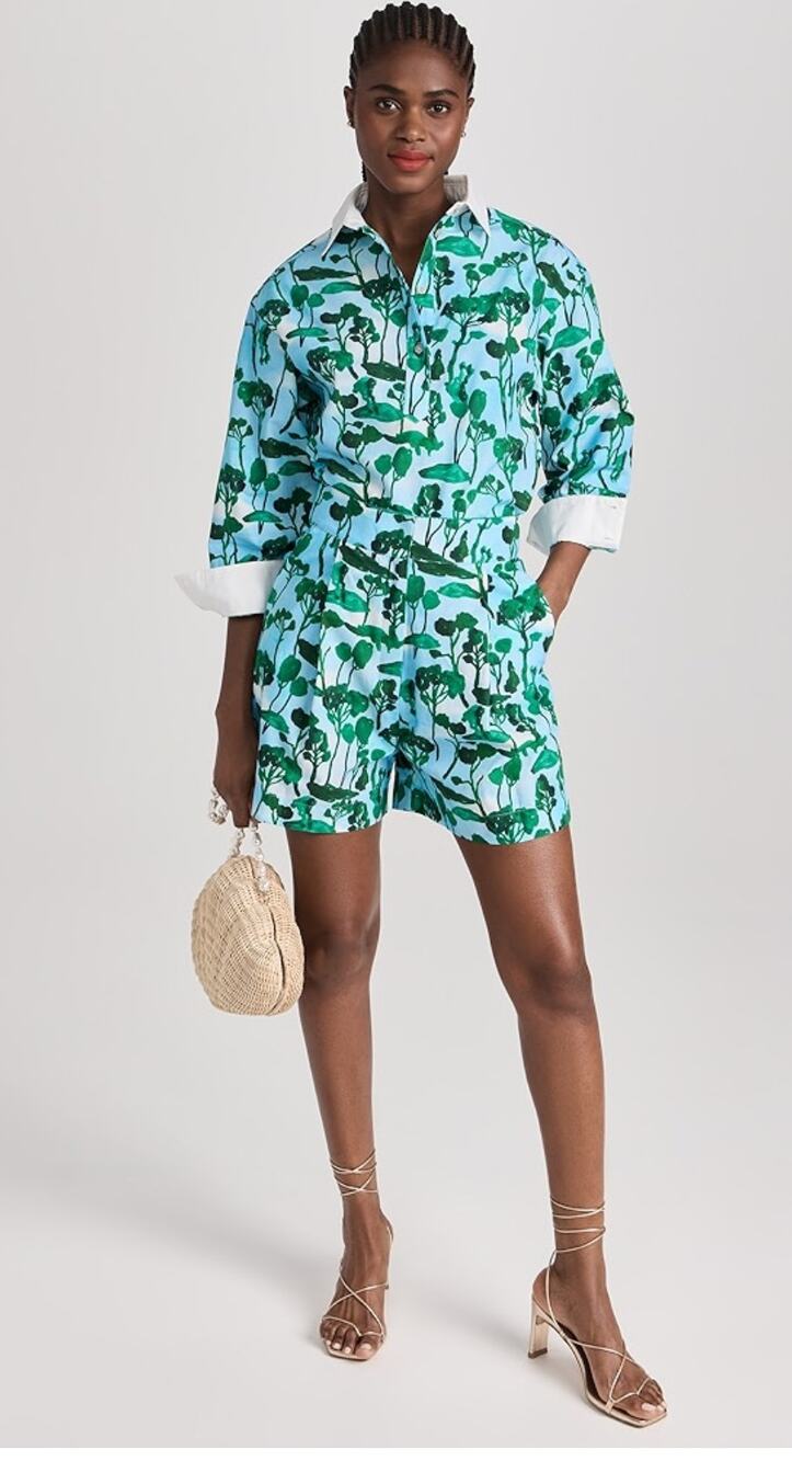 De Loreta 2 Pc Set Cotton Top Pleated Shorts S Blue Green Resort Quiet luxury